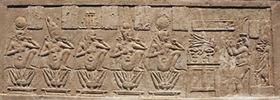A group of gods and people are born from Lotus flowers